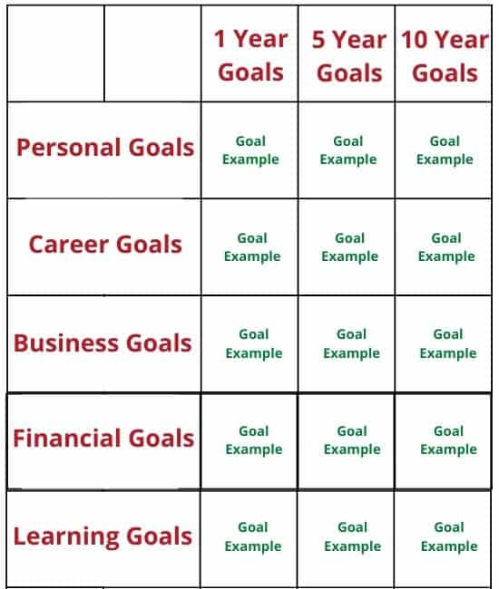 1 year, 5 year 10 year goal matrix example