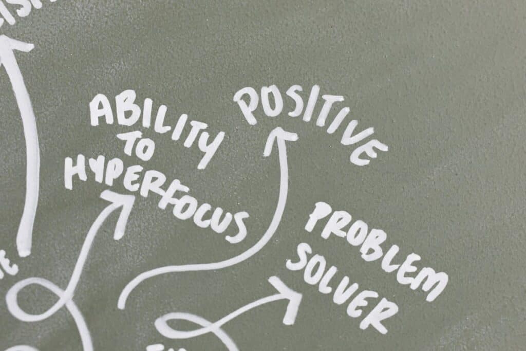 diagram with goals written about focus, positivity, and problem solving
