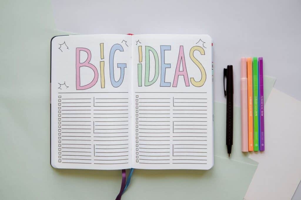 2 page bullet journal spread with words Big Ideas