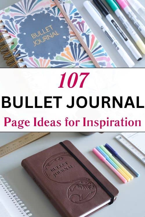 Pinterest pin with words 107 bullet journal pages ideas