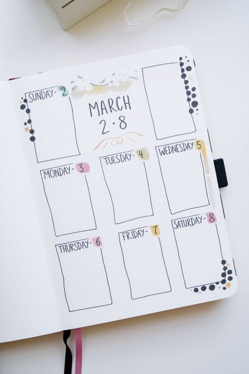 bullet journal page with the week of March 2-8 outlined