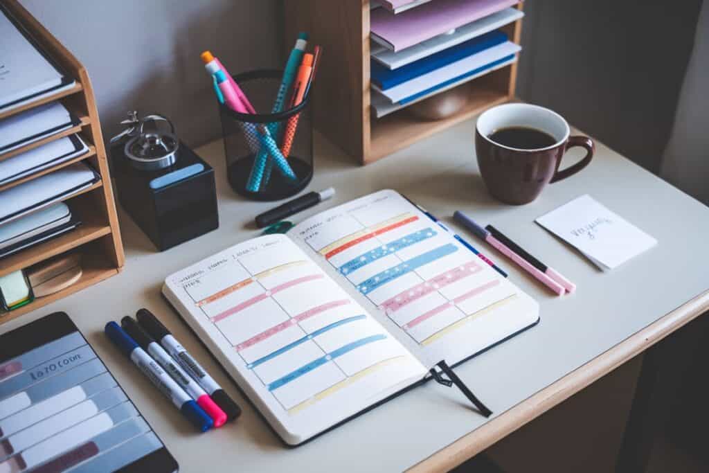 bullet journal habit tracker on a neat desk