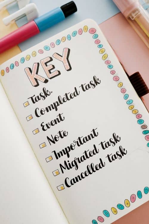 colorful bullet journal key page