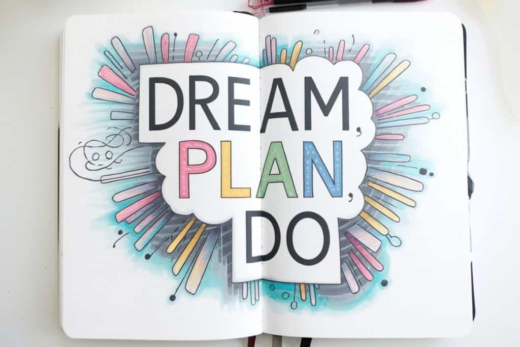 2 page bujo spread with words "Dream, Plan, Do"