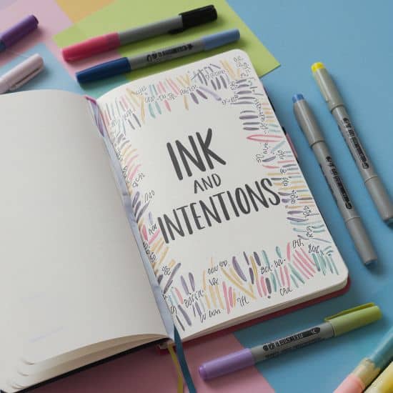 bullet journal cover page with words Ink and Intentions