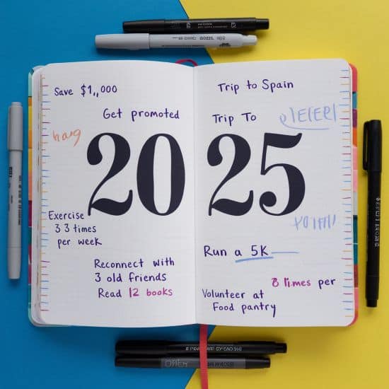 open bullet journal 2 page goal spread for 2025