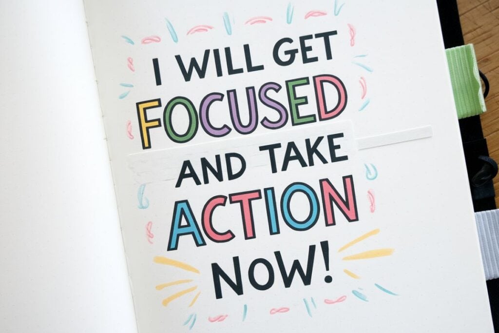 bullet journal cover page with words "I will get focused and take action now"