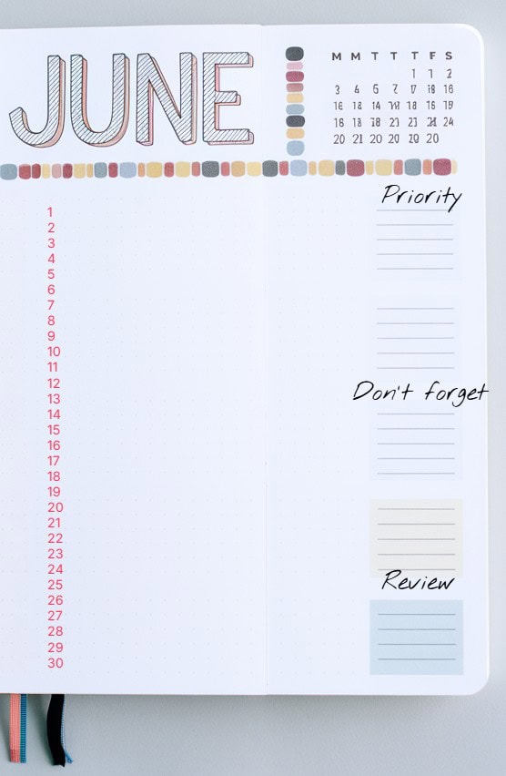 bullet journal monthly to-do list page for June